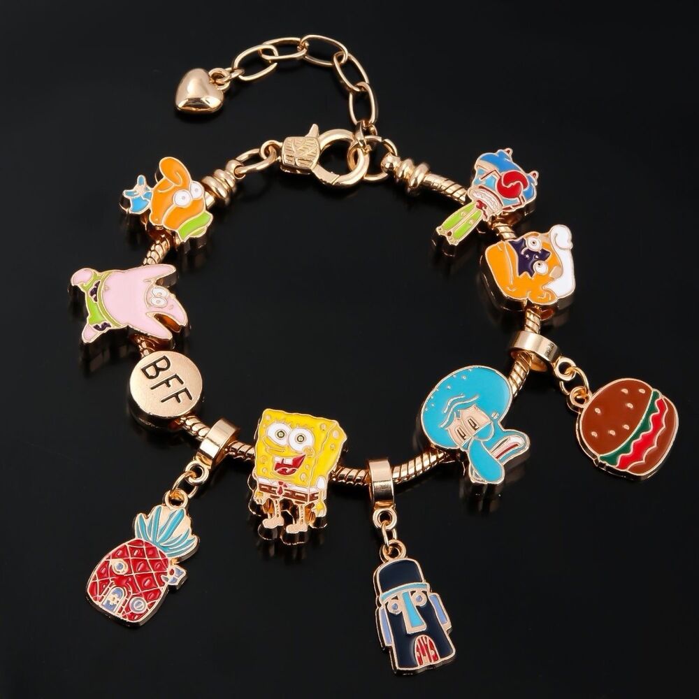 SpongeBob SquarePants Cartoon Charm Bracelet Gold Tone BFF Jewelry - Picture 3 of 7